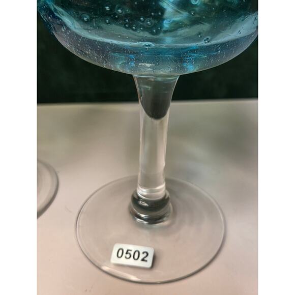 Bubble wine Goblets Three glasses 9" Tall  Ombre blue / green / yellow Mexico? - Picture 8 of 9